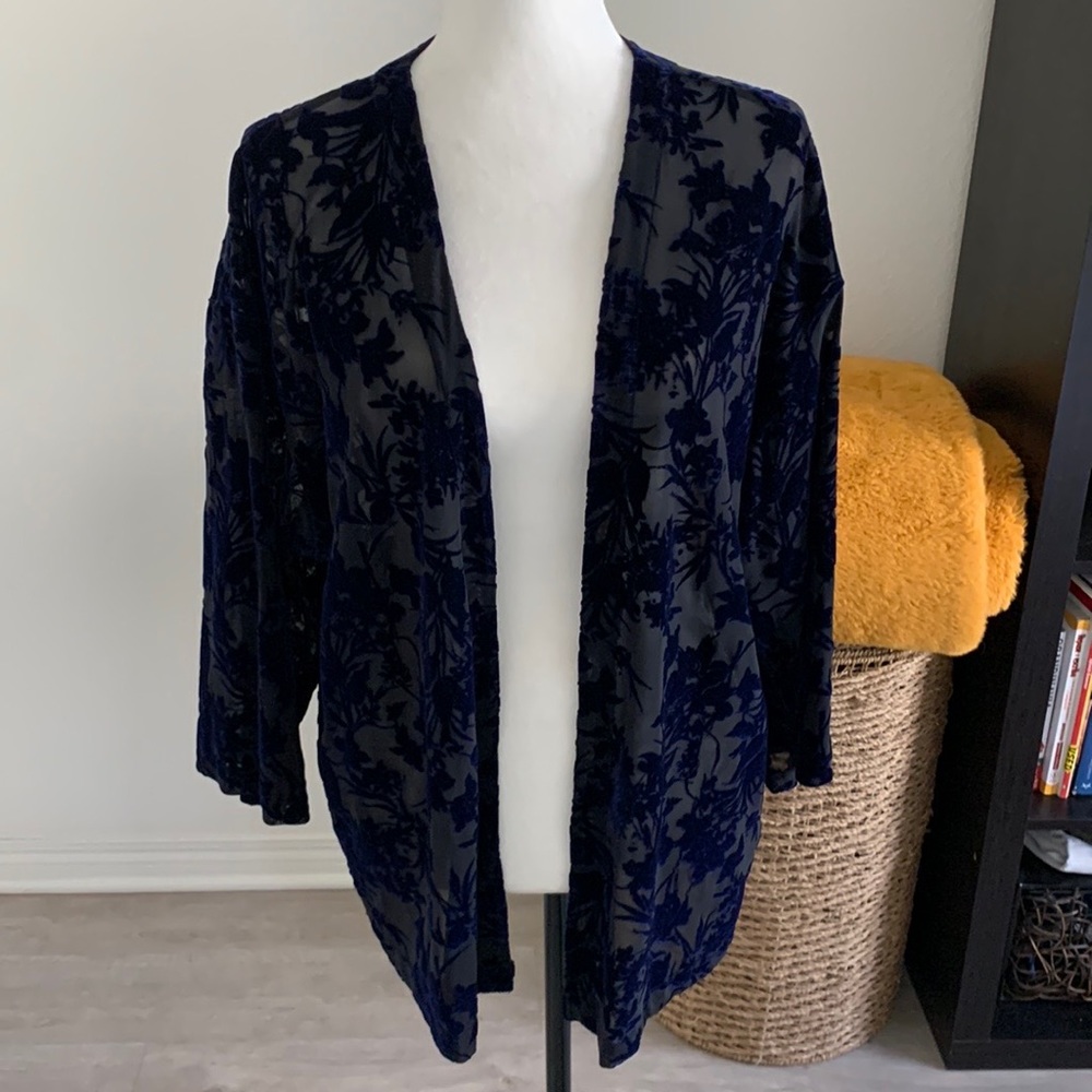 hinge sheer navy blue floral velvet cardigan
